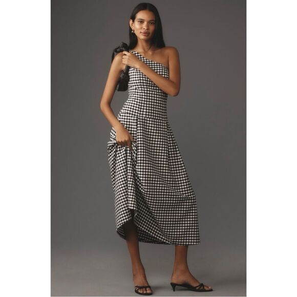 NEW By Anthropologie Black & White One-Shoulder Drop Waist Gingham Dress Small - Picture 1 of 7